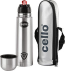 Cello Flipstyle Stainless Steel Vacuum Insulated Flask with Flip Lid | Leak Proof | Double Walled Silver Bottle for Home, Office, Travel