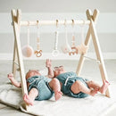 Wooden Baby Gym with 6 Gym Toys, Foldable Baby Play Gym, Natural Pine Wood Play Gym, Frame Activity Center Hanging Bar, Wooden Play Gym