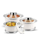 Tabakh Dazzle Inner Stainless Steel Casserole Set of 3 with Chrome Plated Knob |Lockable Toughened Glass Lid | BPA Free Insulated casserole Set | Food Grade |Serving Set | 1500+2000+3000 ml