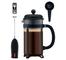 Java Coffee Press 4-Piece Set - Black French Press Coffee Maker with Battery-Powered Frother & Scoop, 8 Cup Capacity