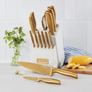 15pc Gold Forged Stainless Steel Cutlery Block Set with Comfort Grip Handle- White