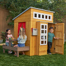 Modern Outdoor Wooden Playhouse With Picnic Table, Mailbox and Outdoor Grill - Natural