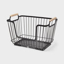 Metal Stackable Wire Pantry Basket with Rubber Wood Handle Black