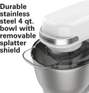 Electric Stand Mixer, 4 Quarts, Dough Hook, Flat Beater Attachments, Splash Guard 7 Speeds with Whisk - White
