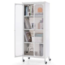 Glass Doors Storage Cabinet With Wheels and Adjustable Shelves-White