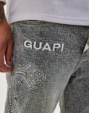 Guapi Stacked Distressed Cross Rhinestone Denim Jeans
