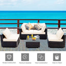 5 Pieces Cushioned Patio Rattan Furniture Set With Glass Table-White
