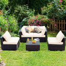 5 Pieces Cushioned Patio Rattan Furniture Set With Glass Table-White