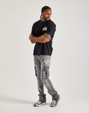 Jordan Craig Stacked Flare Distressed Cargo Denim Jeans
