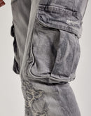 Jordan Craig Stacked Flare Distressed Cargo Denim Jeans