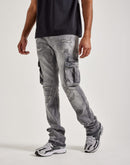 Jordan Craig Stacked Flare Distressed Cargo Denim Jeans