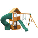 Serpentine Falls Wooden Swing Set / Playset With Clubhouse, Mailbox, Slide and Play Kitchen - Green