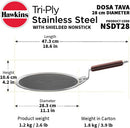 Hawkins 28 cm Dosa Tava, Triply Stainless Steel Shielded Nonstick Tawa with Rosewood Handle, Honeycomb Non Stick Induction Tawa Silver (NSDT28)