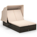 Patio Double Chaise Lounge With Shade Cushions and Folding Side Trays-Beige