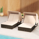 Patio Double Chaise Lounge With Shade Cushions and Folding Side Trays-Beige