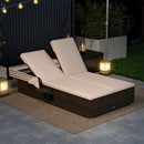 Patio Double Chaise Lounge With Shade Cushions and Folding Side Trays-Beige