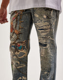 Preme Printed Chain Slim Distressed Denim Jeans