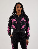 Red Fox Studded Heart Flame Cropped Fleece Full-Zip Hoodie