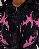 Red Fox Studded Heart Flame Cropped Fleece Full-Zip Hoodie