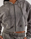 Red Fox Studded Cropped Fleece Full-Zip Hoodie