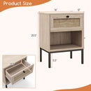 Rattan Nightstand Boho End Table With Rattan Drawer & Open Shelf-Oak