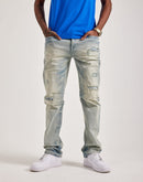 Smoke Rise Wave Effect Distressed Straight Denim Jeans