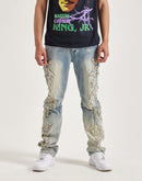 Smoke Rise Frayed Applique Distressed Stacked Flared Denim Jeans