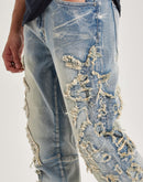 Smoke Rise Frayed Applique Distressed Stacked Flared Denim Jeans
