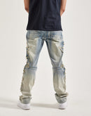 Smoke Rise Frayed Applique Distressed Stacked Flared Denim Jeans