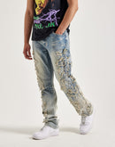 Smoke Rise Frayed Applique Distressed Stacked Flared Denim Jeans