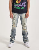Smoke Rise Studded Star Distressed Stacked Flare Denim Jeans