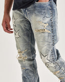 Smoke Rise Studded Star Distressed Stacked Flare Denim Jeans