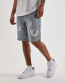 True Religion Bobby Puff Print Logo Denim Shorts