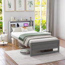Twin Size Bed Frame With Storage Headboard and Charging Station-Gray