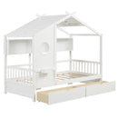 Twin Size House Bed With 2 Storage Drawers and Fence Guardrails-White