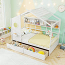 Twin Size House Bed With 2 Storage Drawers and Fence Guardrails-White