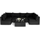 7 Pieces Outdoor Sectional Wicker Patio Furniture Sofa Set With Tempered Glass Top and Softy Cushions-Black